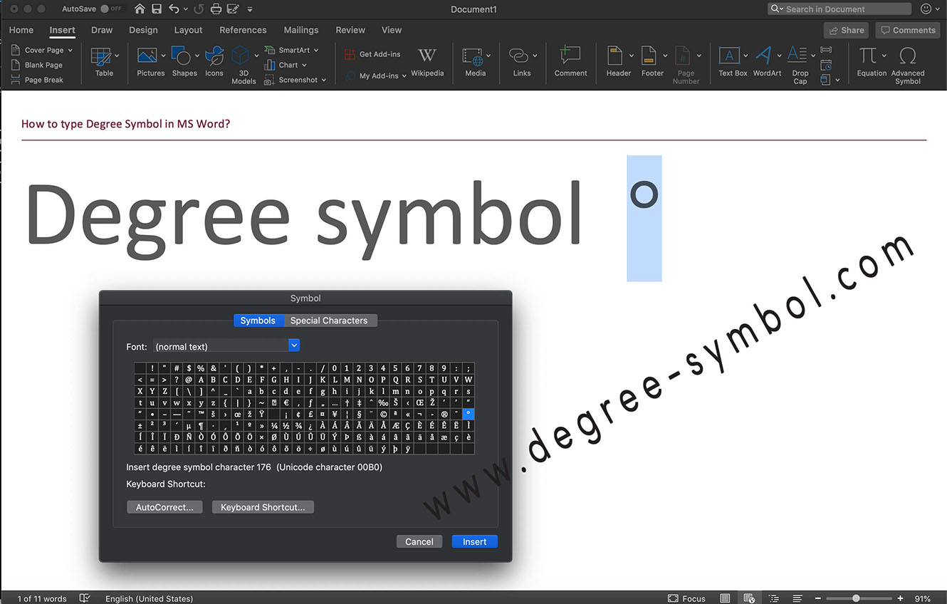 microsoft word degree symbol shortcut